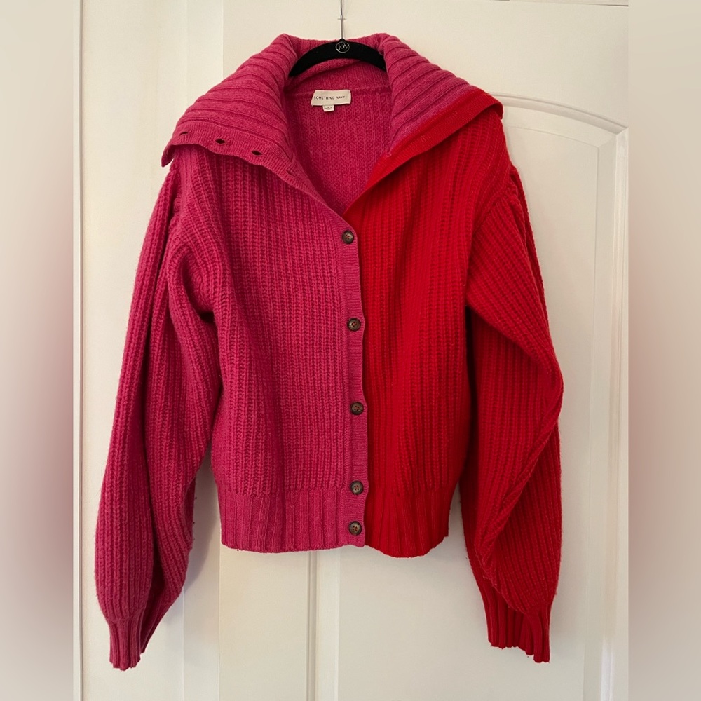 SOMETHING NAVY asymmetrical two-toned colorblock red/pink wool cardigan LARGE